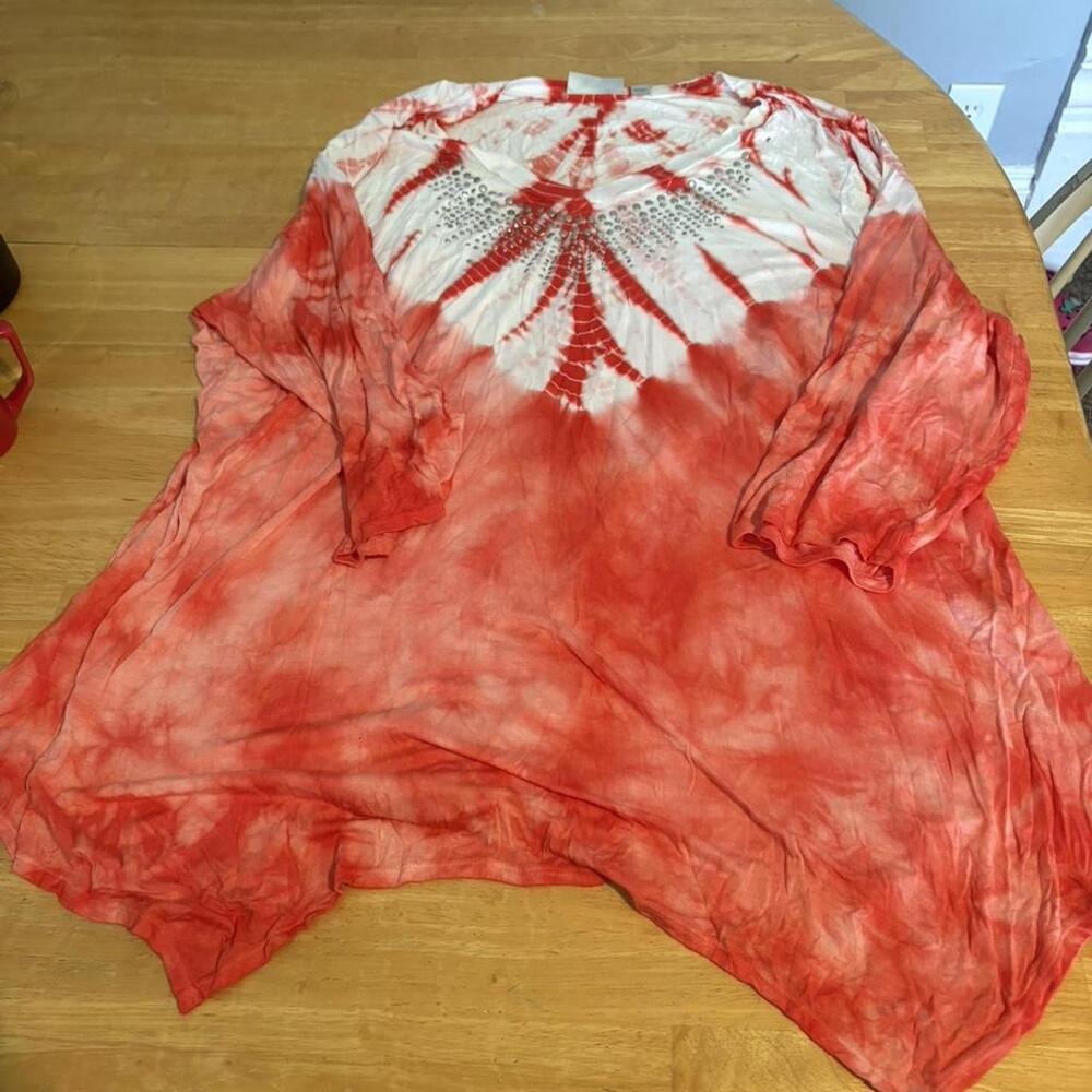 Orange and white tie-dye long sleeve top with rhinestone design